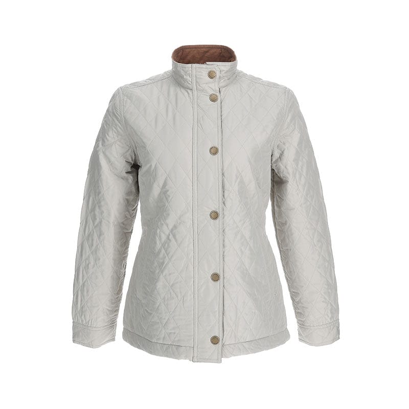 Tom Beckbe Womens Camden Quilted Jacket in light gray features a windproof shell, high collar, and premium low-loft insulation.