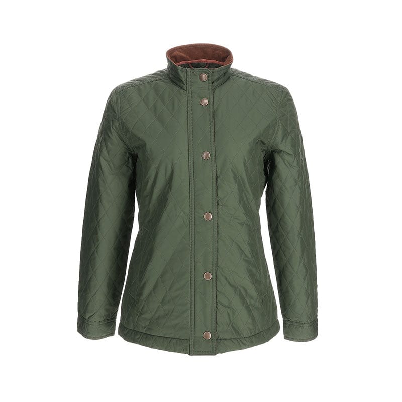 Tom Beckbes Womens Camden Quilted Jacket features low-loft insulation, a high collar, and brown trim on white.