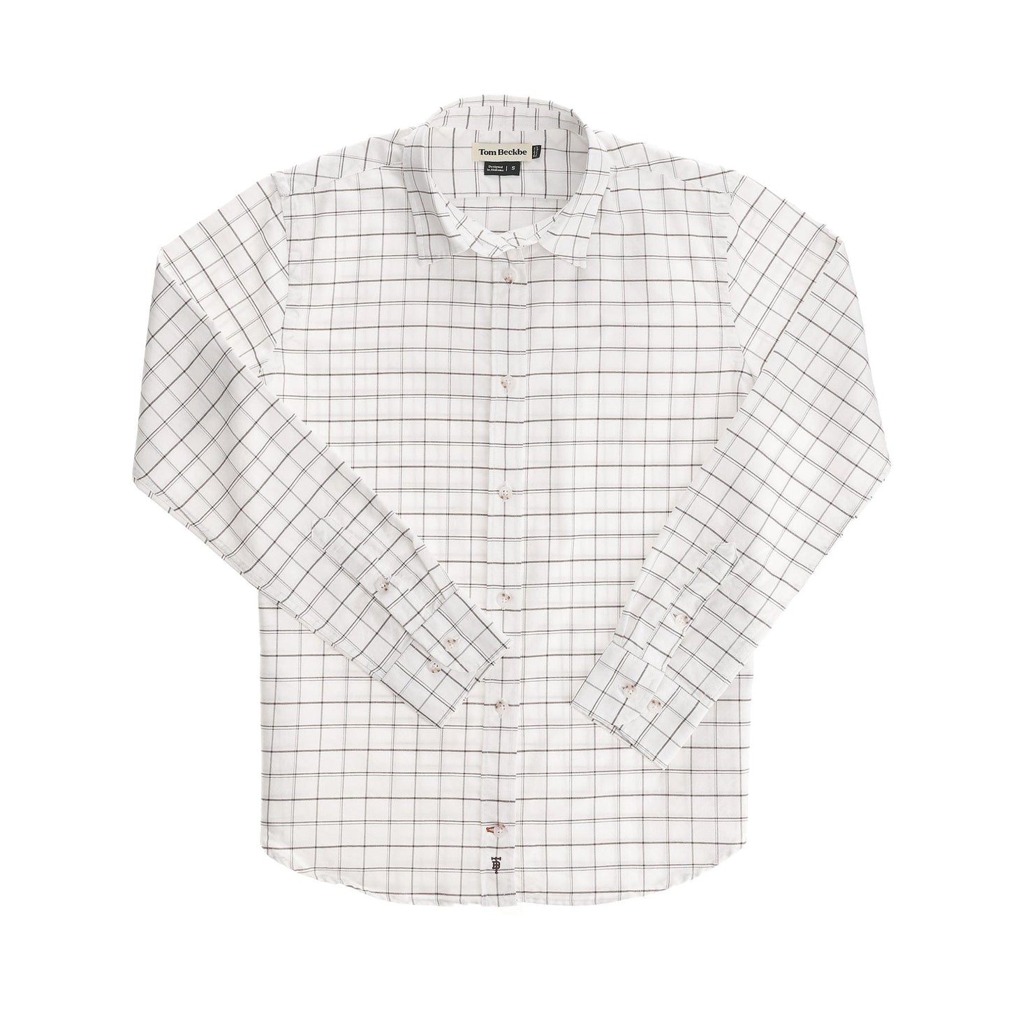 Tom Beckbe Womens Oxford Shirt in white with a black grid pattern, made from premium cotton oxford.