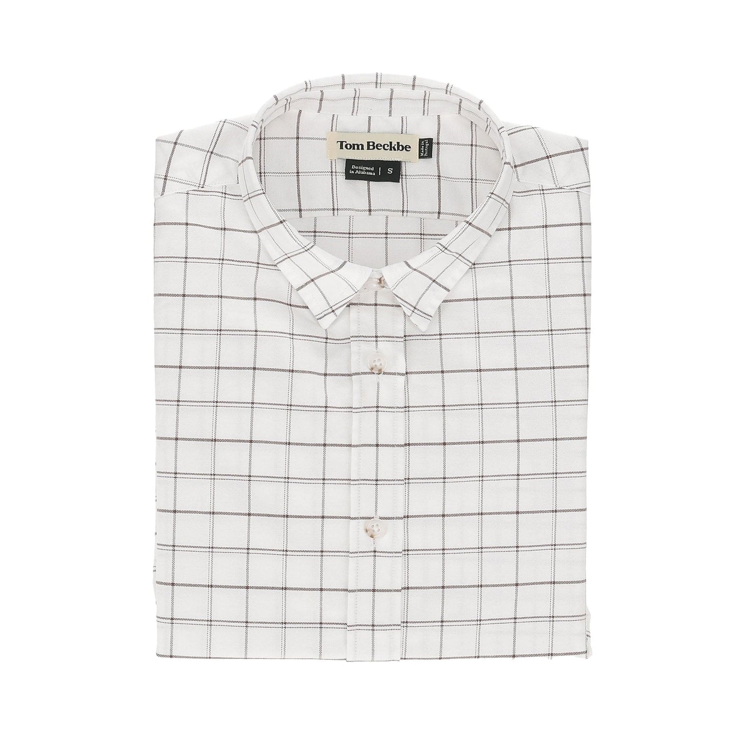 Tom Beckbe Womens Oxford Shirt: white checkered with a small collar, folded neatly.