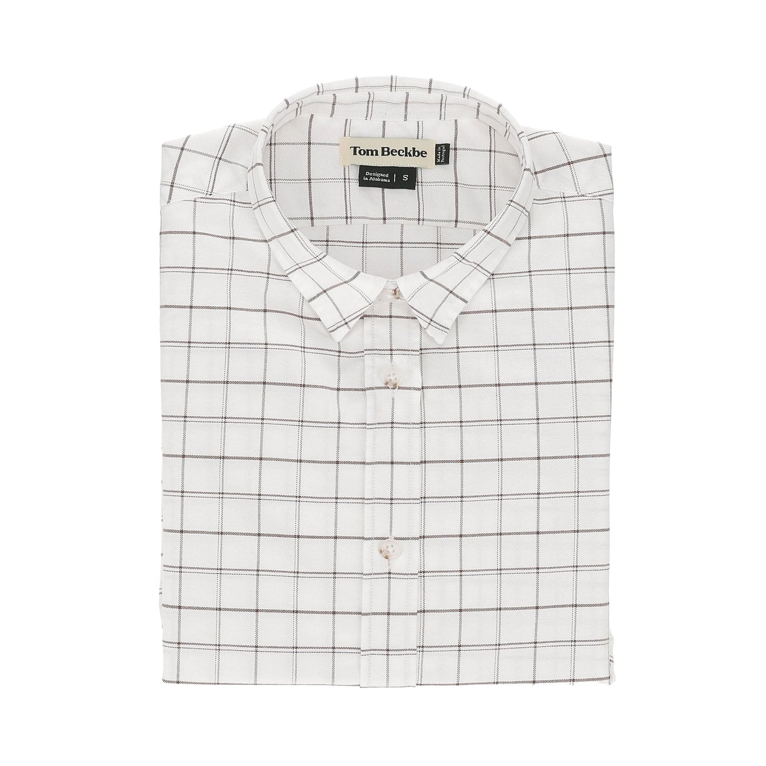Tom Beckbe Womens Oxford Shirt: white checkered with a small collar, folded neatly.