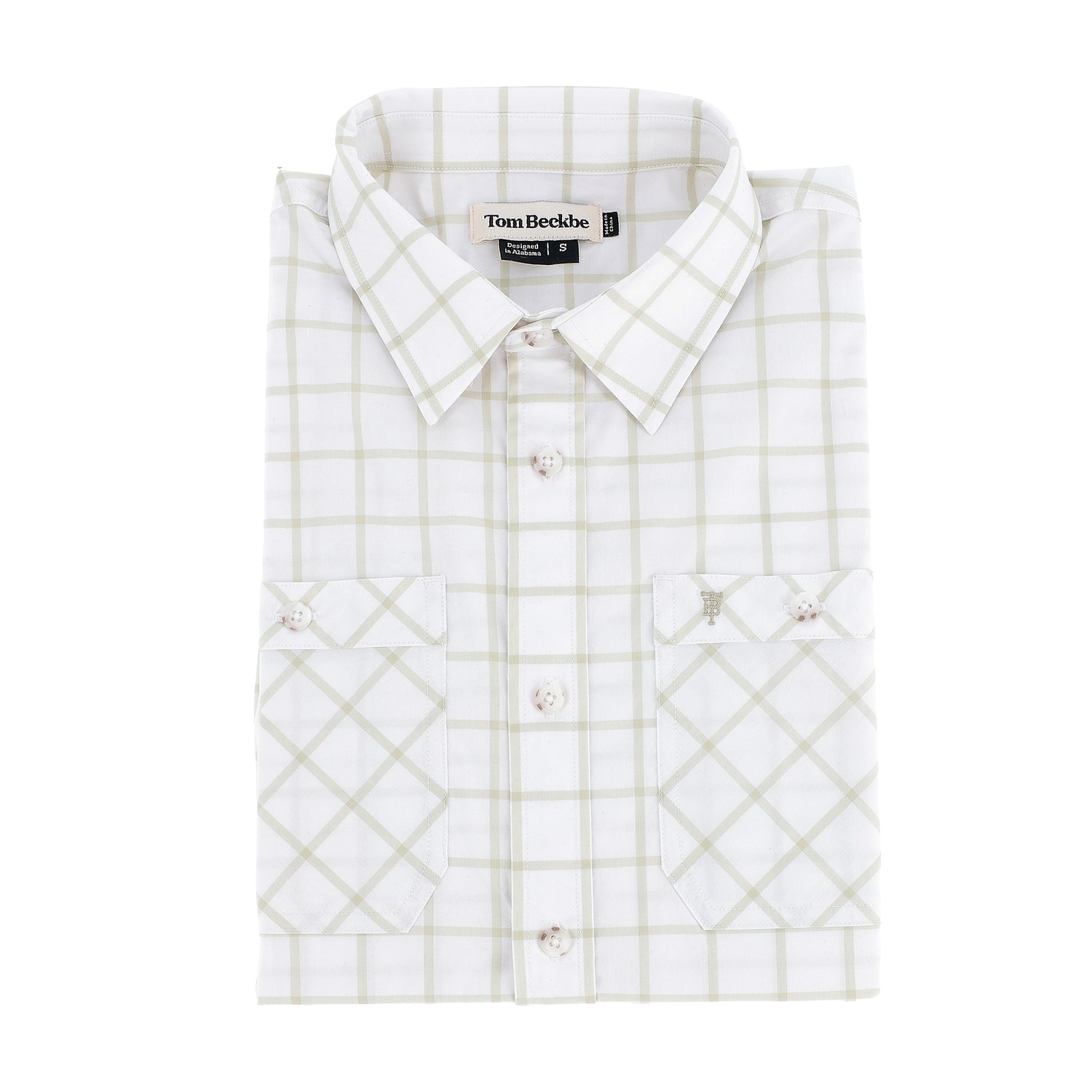 Tom Beckbe Women's Tidewater Shirt: lightweight, light green plaid, UPF 30+, long sleeves, two front chest pockets.