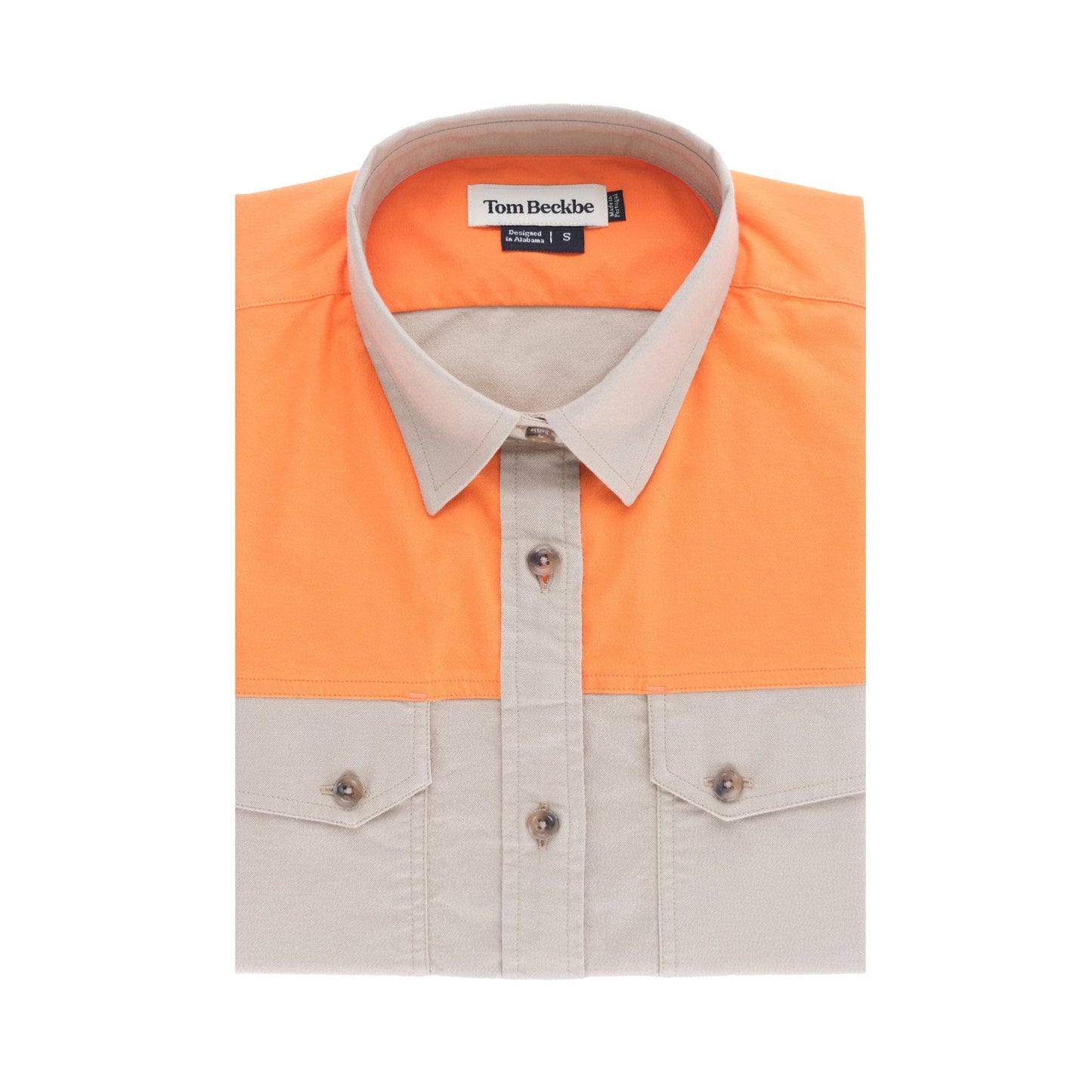 Womens Uplander Shirt by Tom Beckbe in folded orange and beige cotton oxford with double chest pockets.