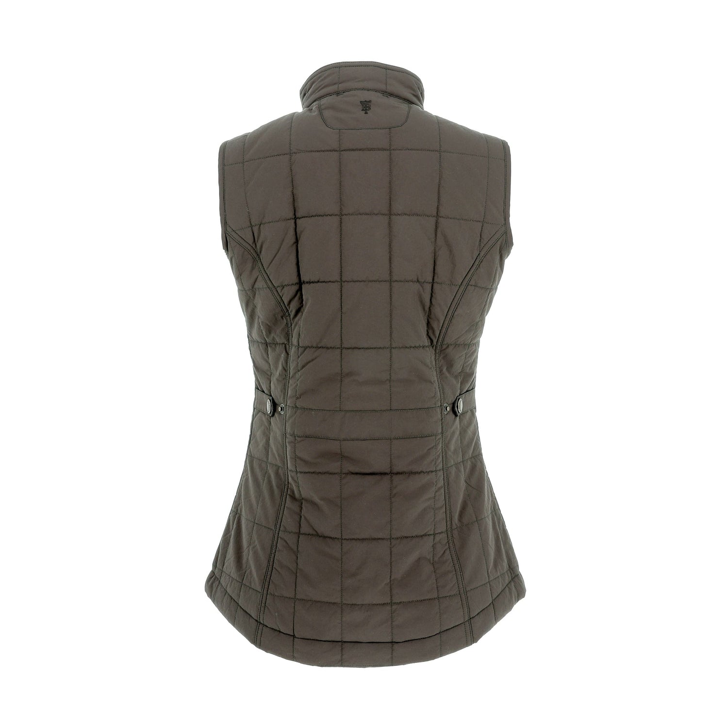 Back view of the Tom Beckbe Womens Tyler Quilted Vest with a high collar, buttoned side tabs, and sleeveless design.