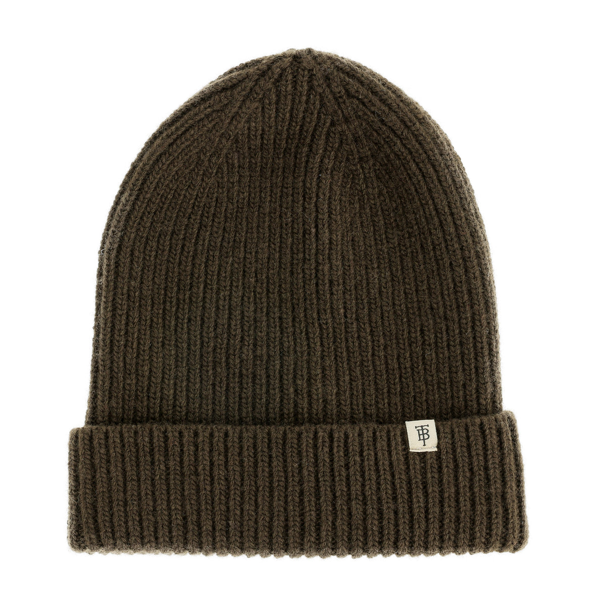 Tom Beckbe Wool Cap in Military: ribbed knit, folded cuff, small tag—warm and ideal for winter wear.