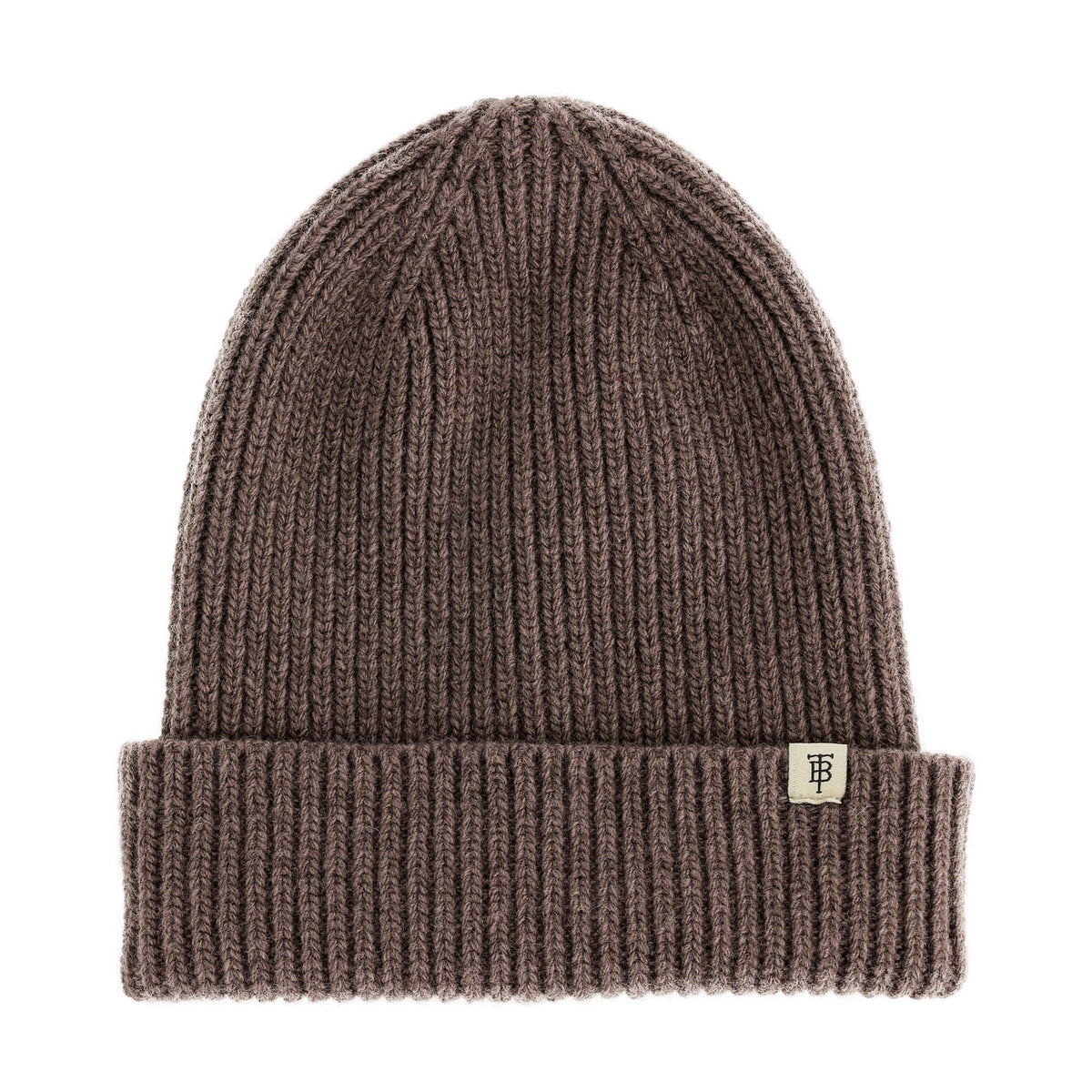 Tom Beckbe Wool Cap in Wildebeest: ribbed knit, folded cuff, logo tag—your perfect warm winter hat.