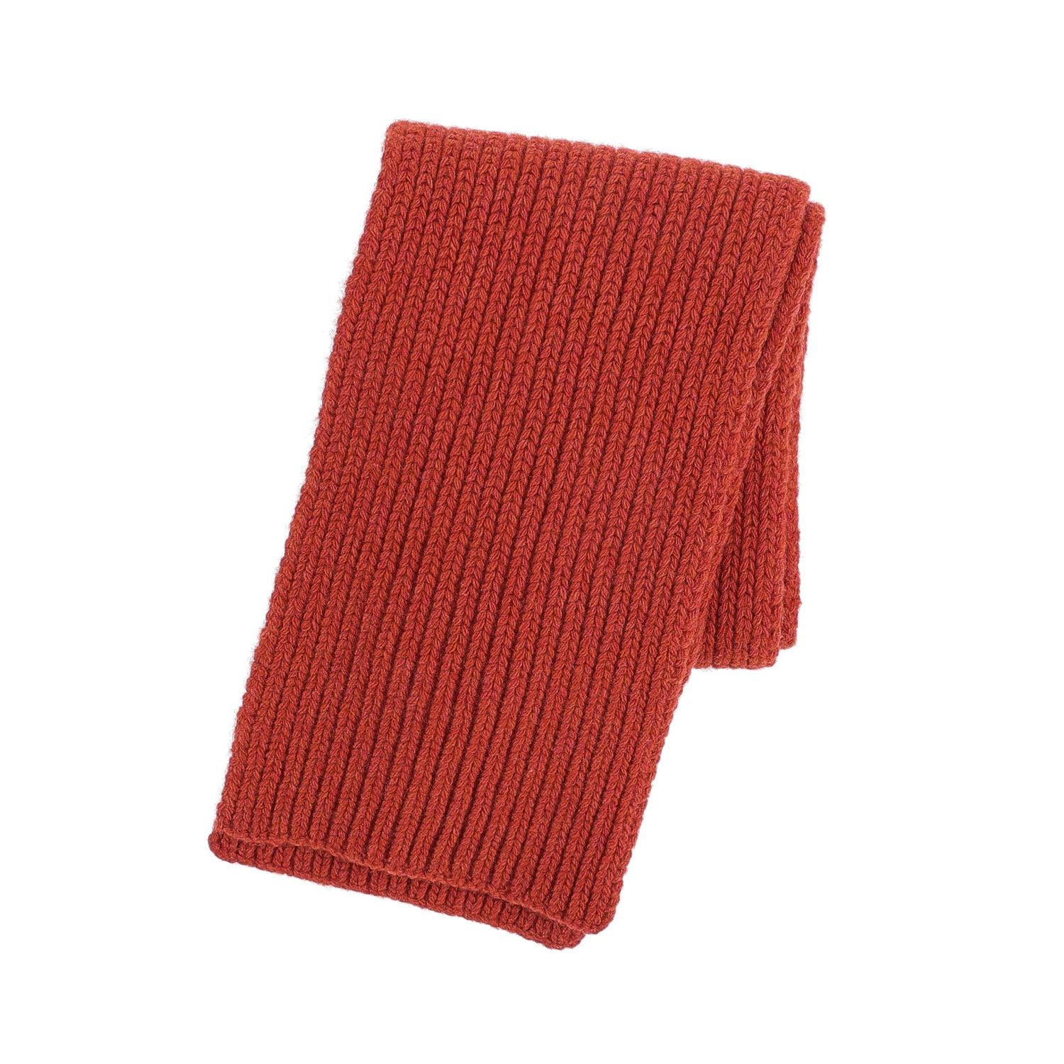 A Tom Beckbe Wool Scarf in red ribbed knit is folded and displayed on a white background.