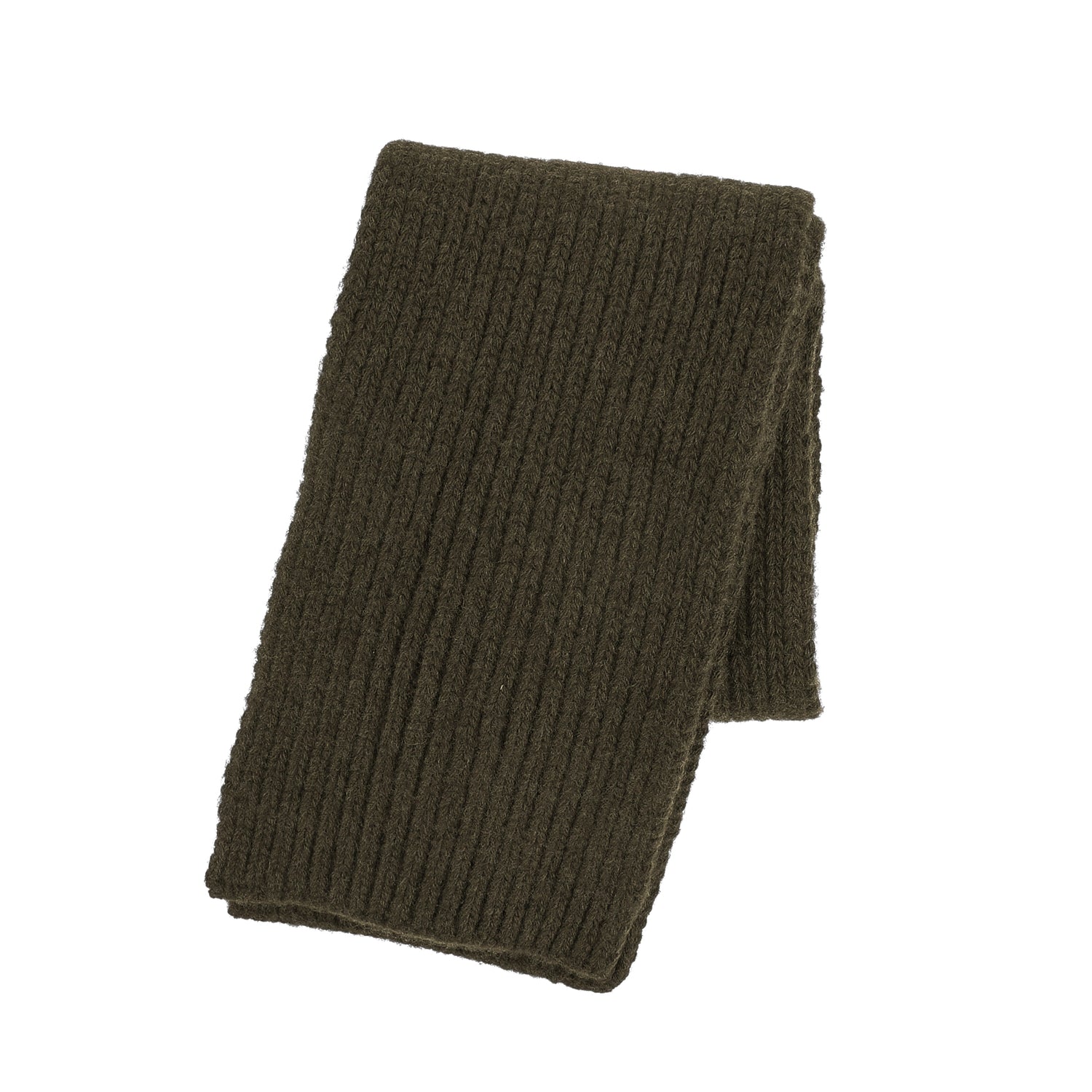 A Tom Beckbe Wool Scarf in dark green with ribbed lambswool is folded and shown on a white background.