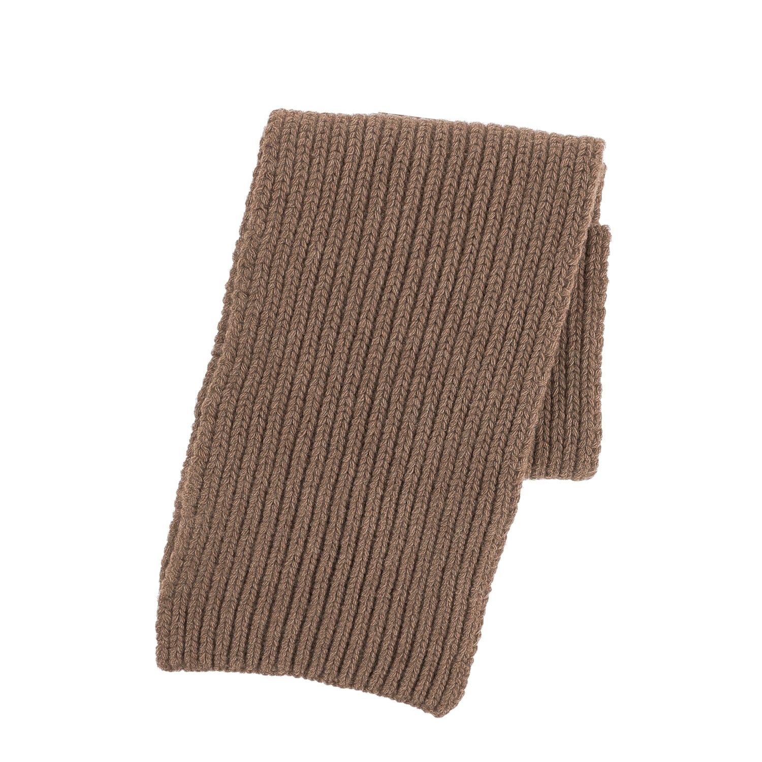 A folded, ribbed brown Tom Beckbe Wool Scarf displayed on a white background.