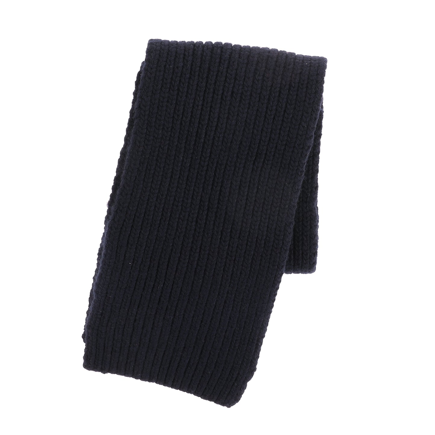 A Tom Beckbe Wool Scarf with a ribbed knit is folded and shown on a white background.
