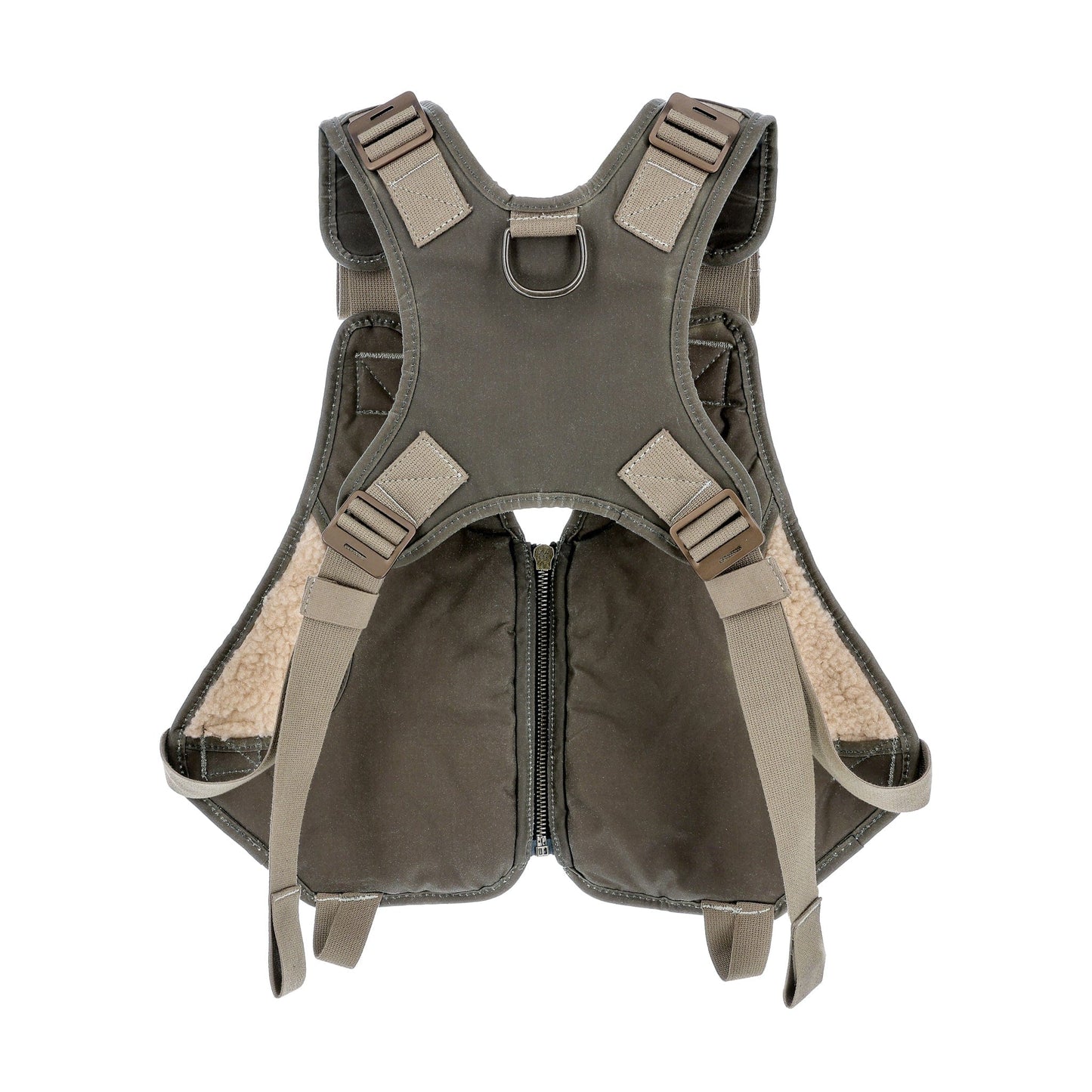 A khaki-colored dog harness with adjustable straps, a zipper closure, and fleece lining, displayed on a white background.