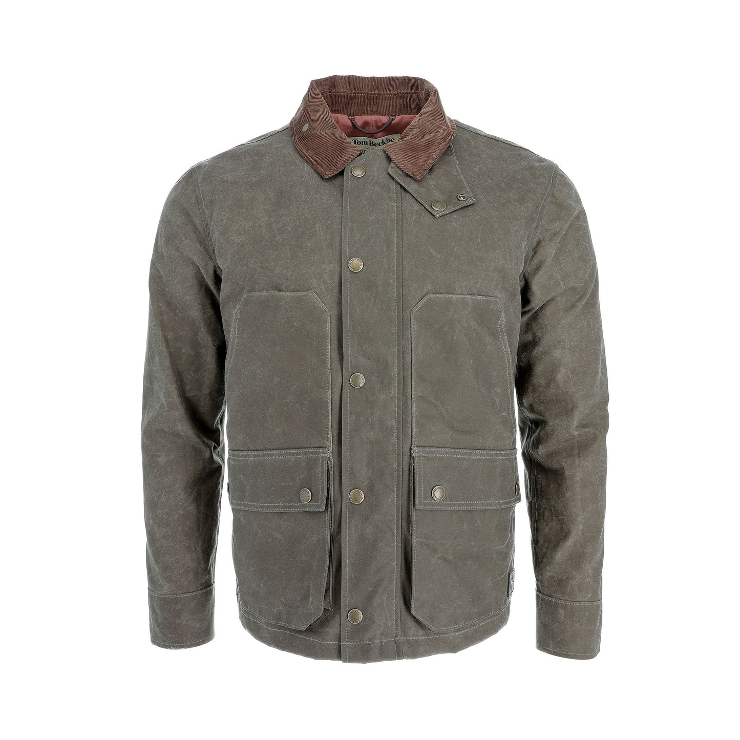 Wetlands Green waxed Steward Jacket by Tom Beckbe with button closure, two front pockets, and corduroy collar.