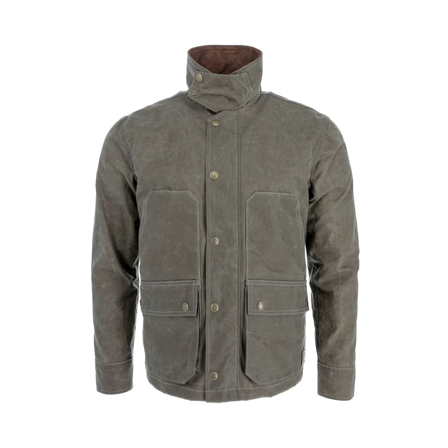 A Wetlands Green Tom Beckbe Steward Jacket with high collar, snap front, and four pockets, on a white background.