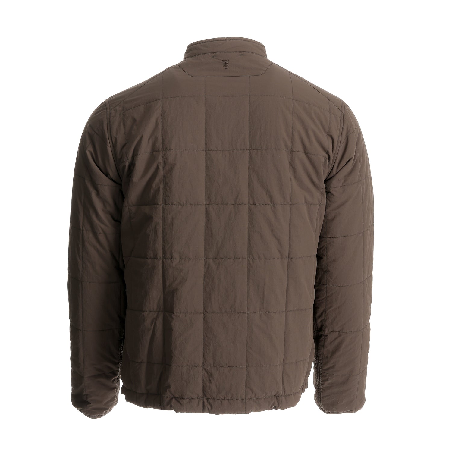 Brown quilted jacket shown from the back, featuring a grid pattern and a high collar.