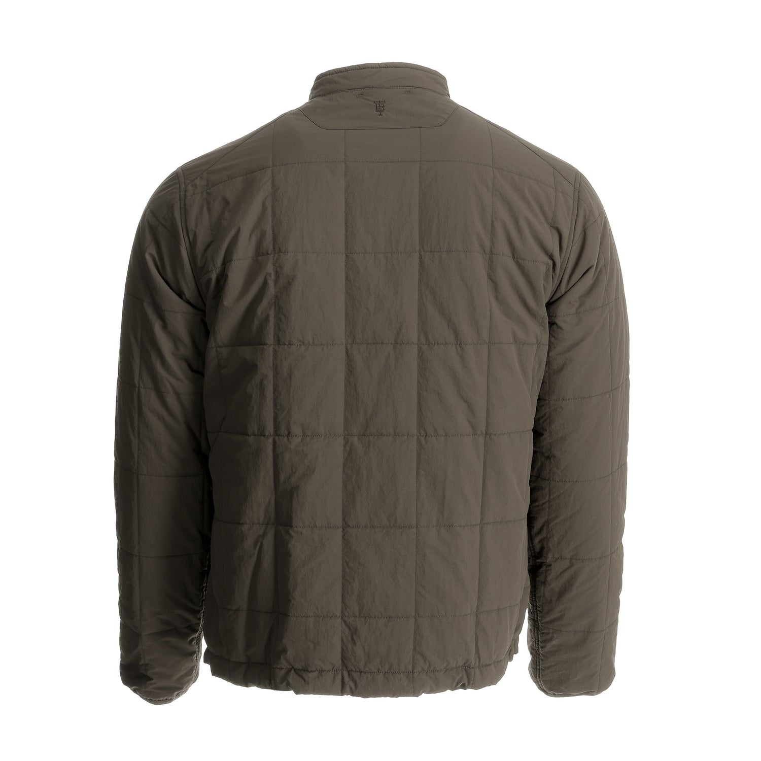 Back of Tom Beckbe Burgess Quilted Jacket in olive, stand-up collar, long sleeves, shown on white background.
