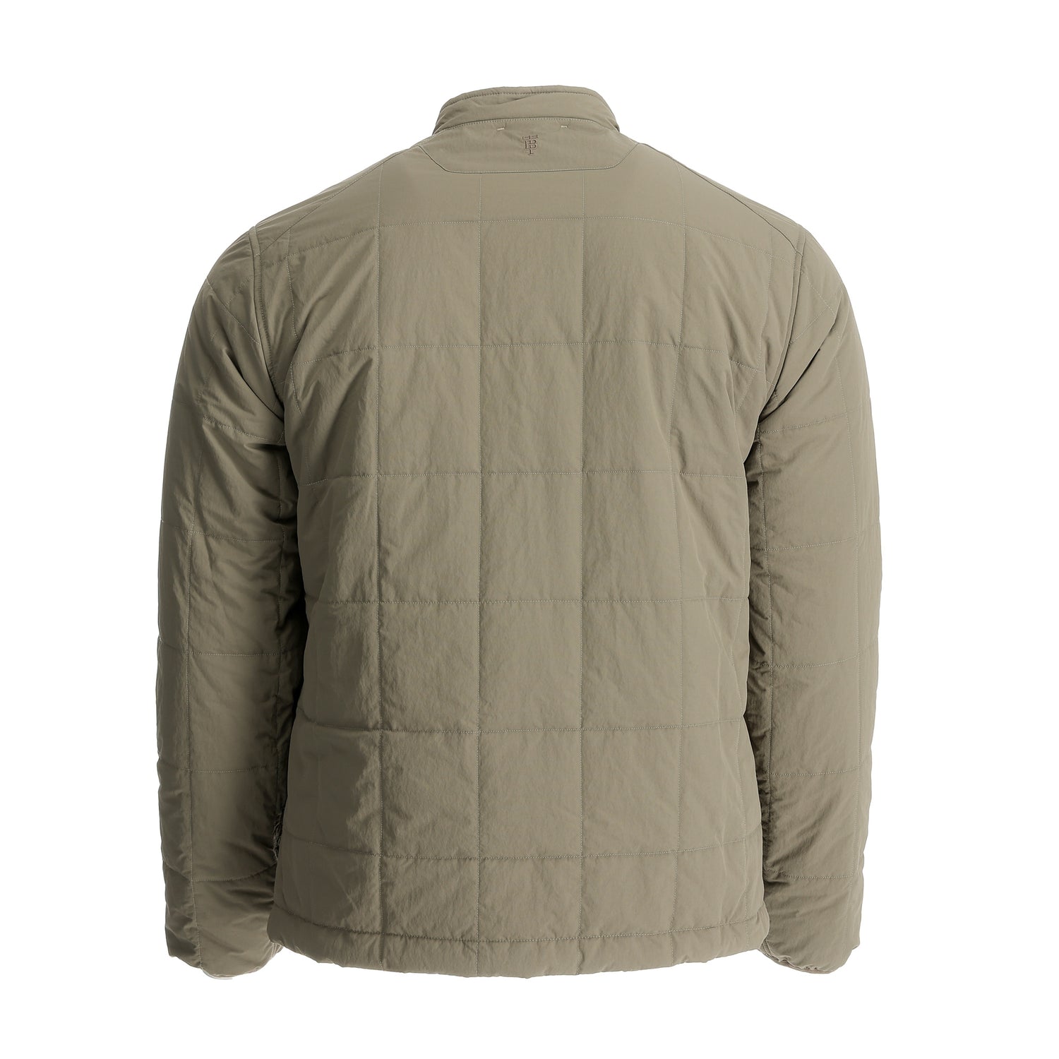 Back of the Tom Beckbe Burgess Quilted Jacket with long sleeves, collar, and grid pattern on sustainable insulated fabric.