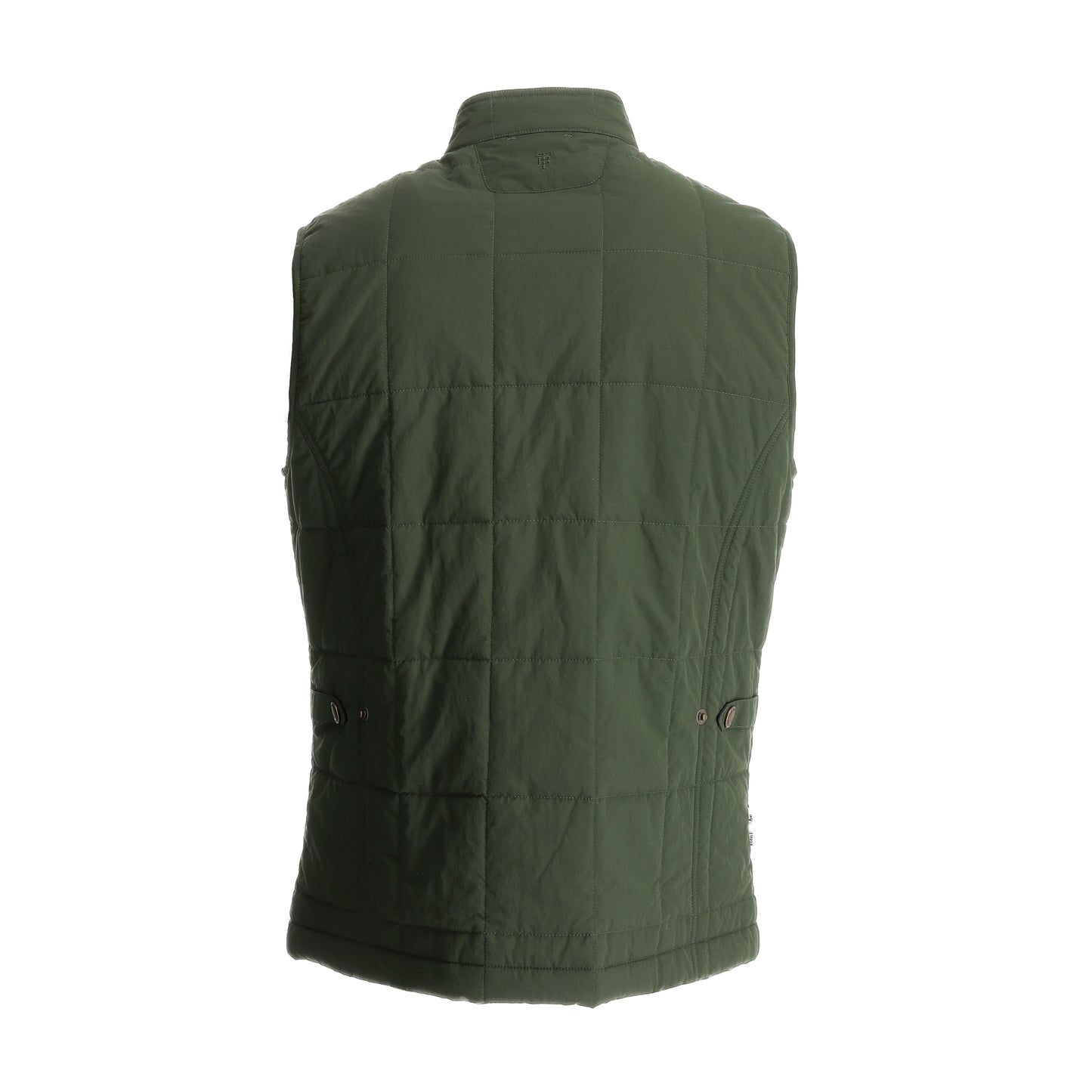 Back of the Tom Beckbe Burgess Quilted Vest with stand collar, side tabs, and water-repellent finish.