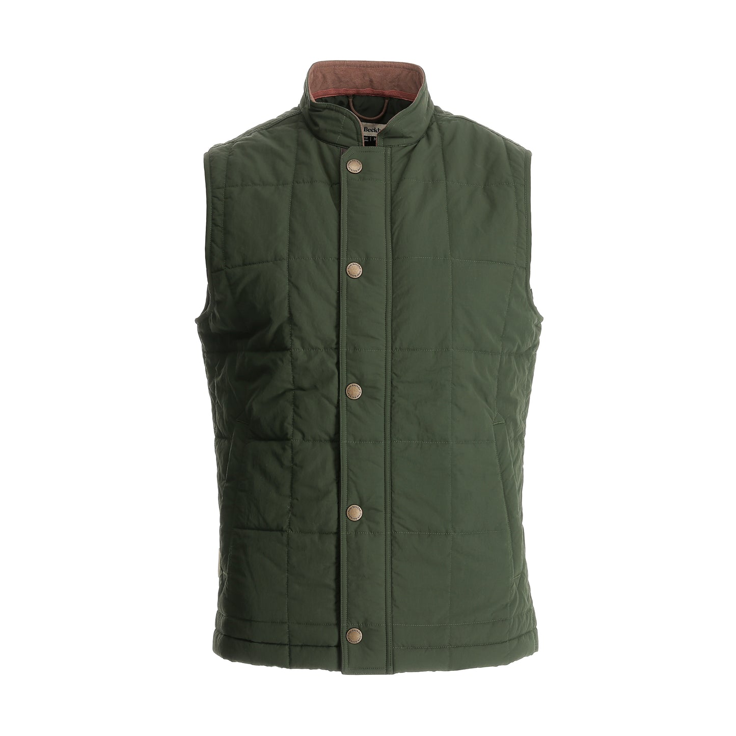 Tom Beckbe Burgess Quilted Vest: green, snap buttons, standing collar, brown lining; insulated and water repellent.