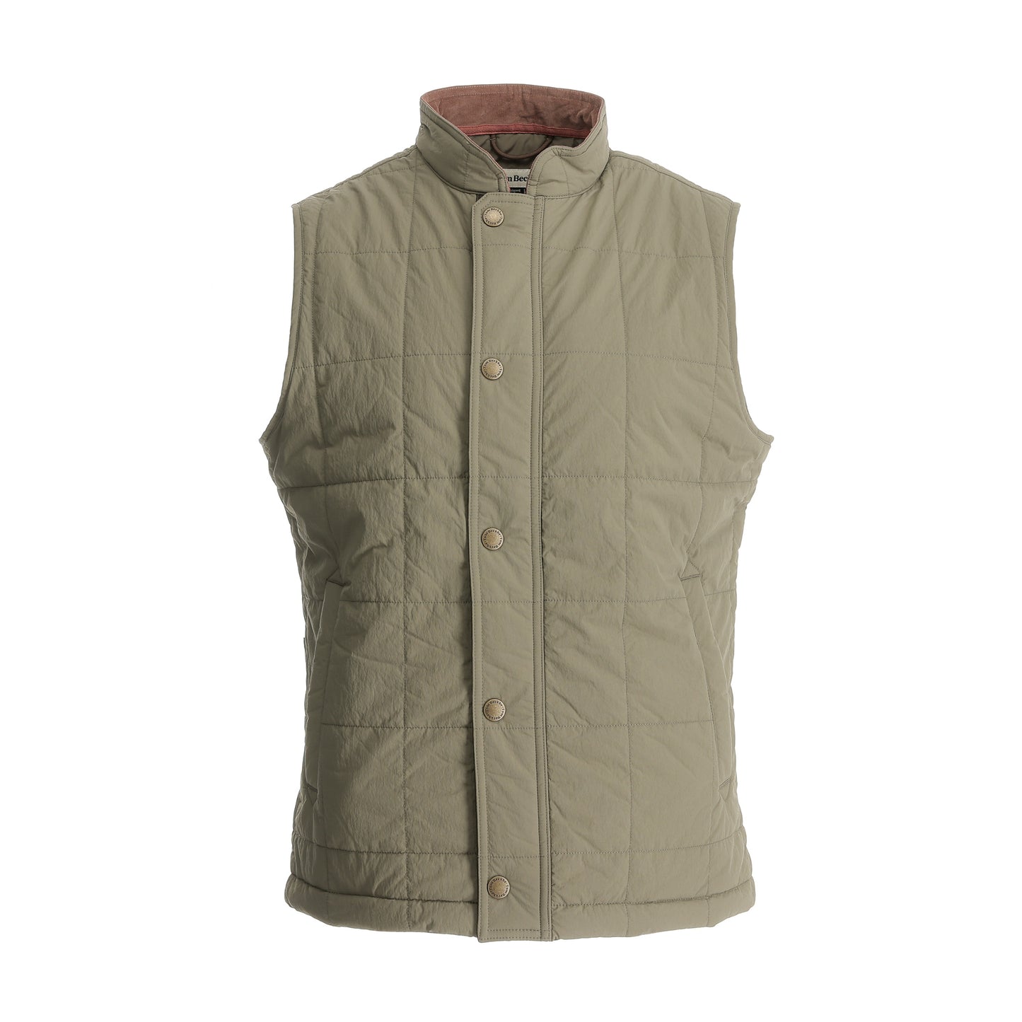 Tom Beckbe Burgess Quilted Vest for men in light olive green with snap buttons and high collar on white background.