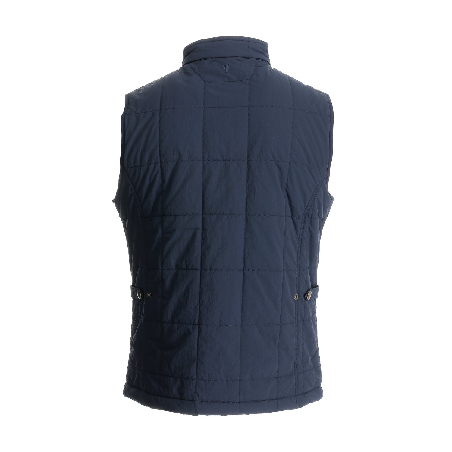 Tom Beckbe Burgess Quilted Vest in navy blue for men, shown from the back with side buttons and a high collar.