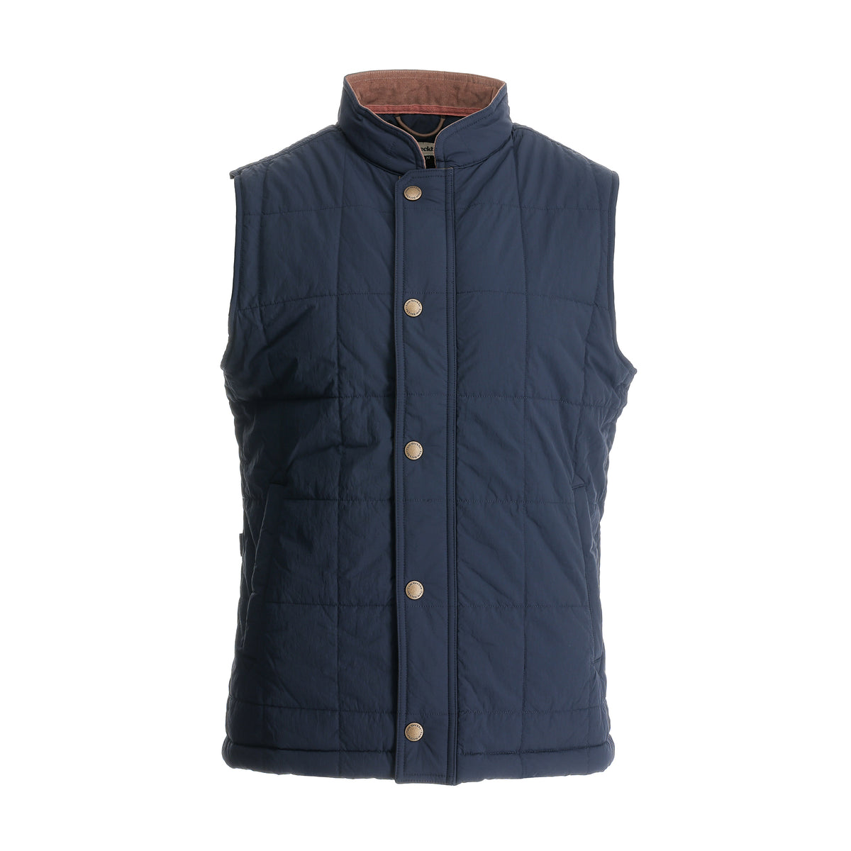 Tom Beckbe Burgess Quilted Vest: sleeveless navy men’s vest with snap buttons, high collar; shown on white background.