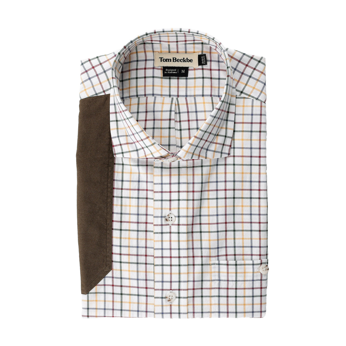 Carrington Shooting Shirt by Tom Beckbe: Folded plaid cotton with brown suede shoulder patch and branded collar label.