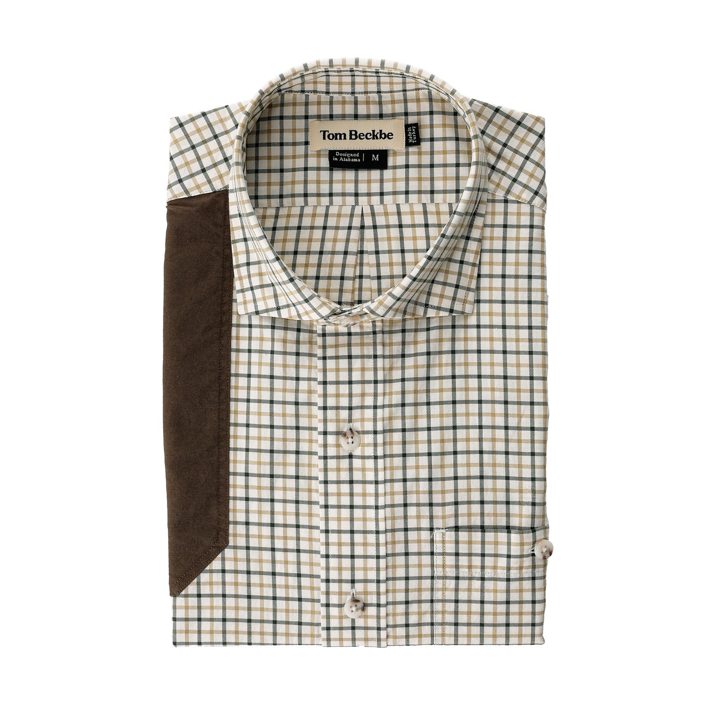 Carrington Shooting Shirt by Tom Beckbe: men’s M, chest pocket, suede patch—ideal lightweight shooting shirt.