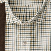 Close-up of the Carrington Shooting Shirt collar by Tom Beckbe in green/tan checks with brown fabric on the left side.