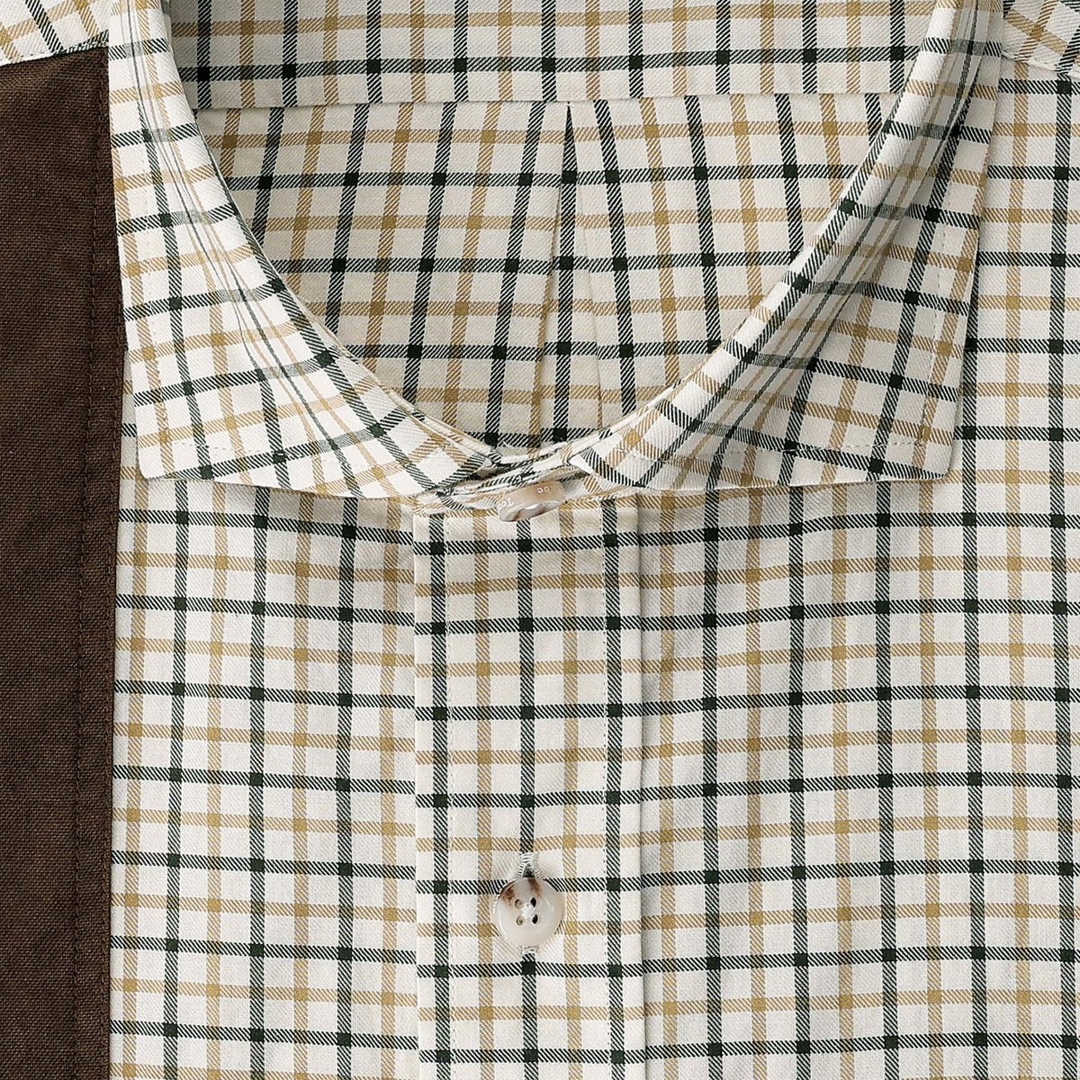 Close-up of the Carrington Shooting Shirt collar by Tom Beckbe in green/tan checks with brown fabric on the left side.