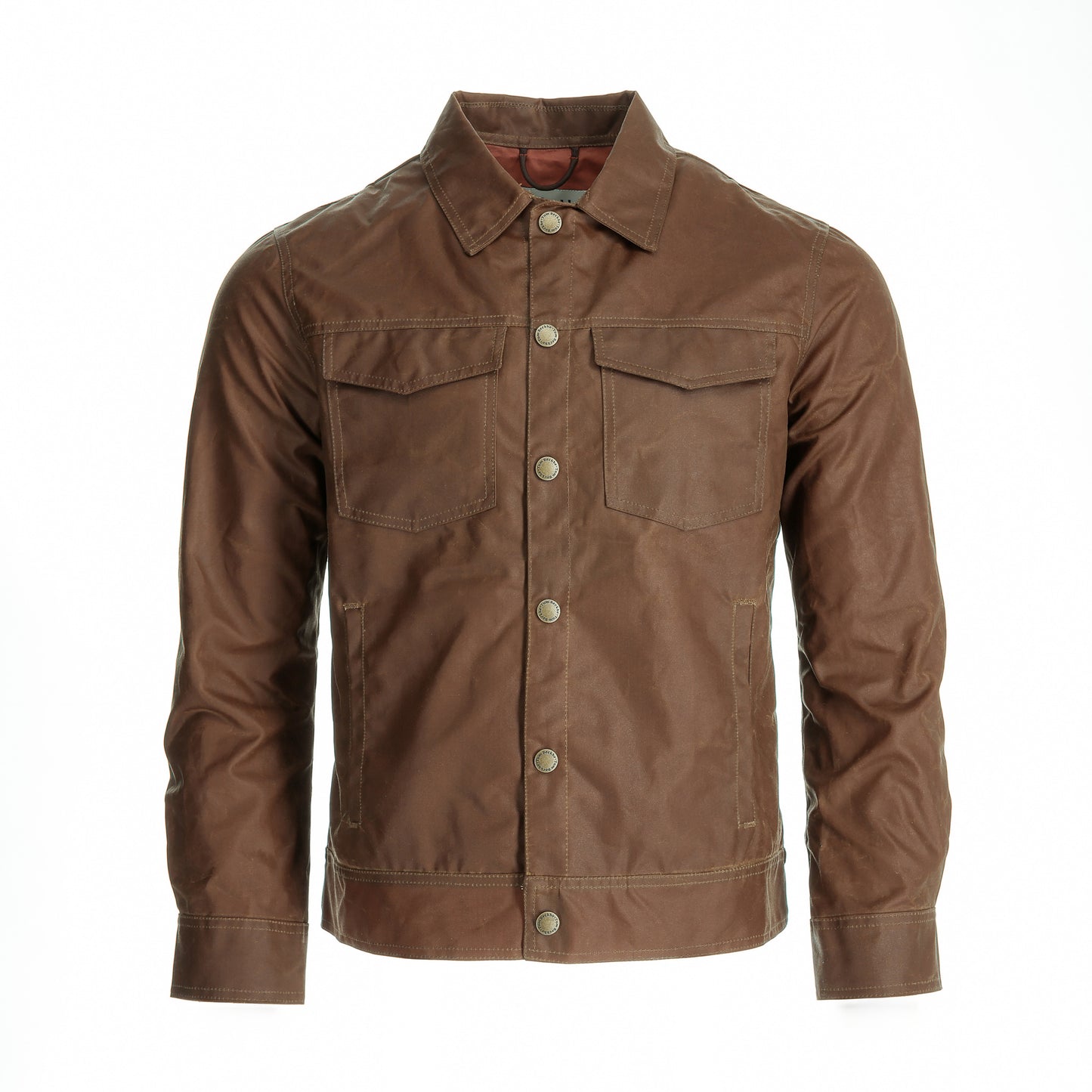 Tom Beckbe Chatom Jacket: brown men’s waxed jacket with button closure, chest pockets, and collar on white background.