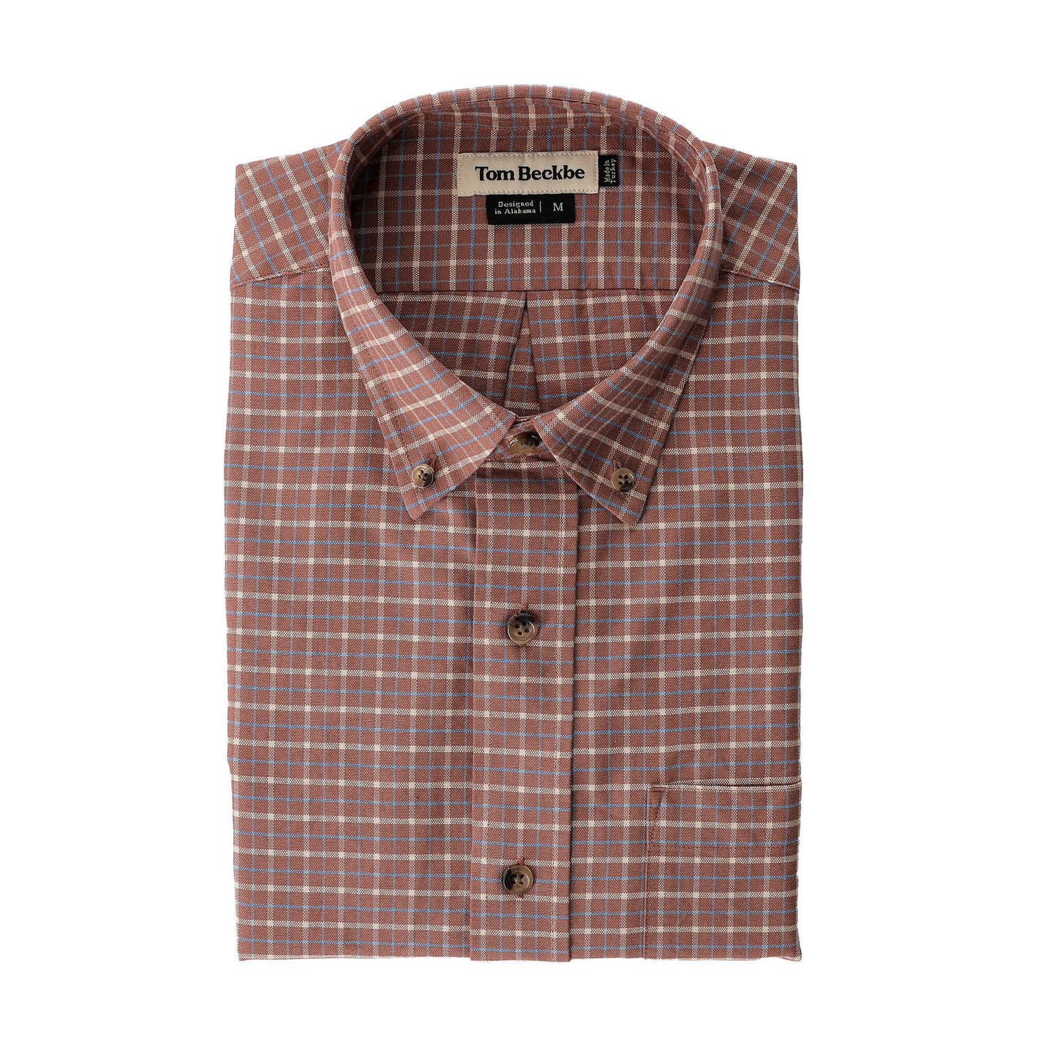 Folded brown plaid Culver Oxford Shirt by Tom Beckbe, collared, two buttons, classic men’s medium.