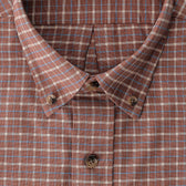 Close-up of the Tom Beckbe Culver Oxford Shirt in brown plaid with blue and white stripes, crafted from breathable fabric.