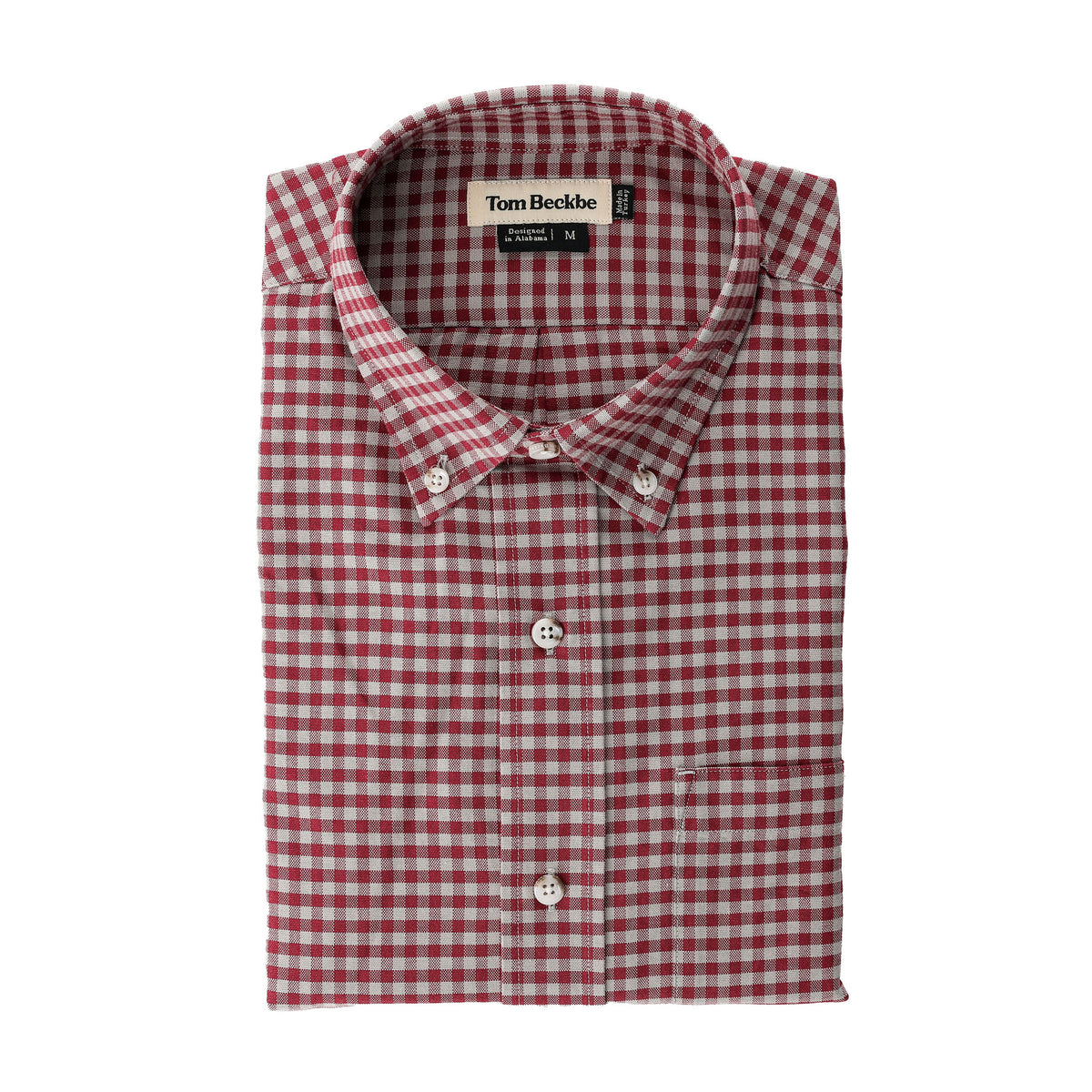 Culver Oxford Shirt by Tom Beckbe in red and white checks, folded with collar, made from breathable oxford fabric.