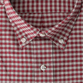 Close-up of the Tom Beckbe Culver Oxford Shirt in breathable red and white check fabric with white buttons.