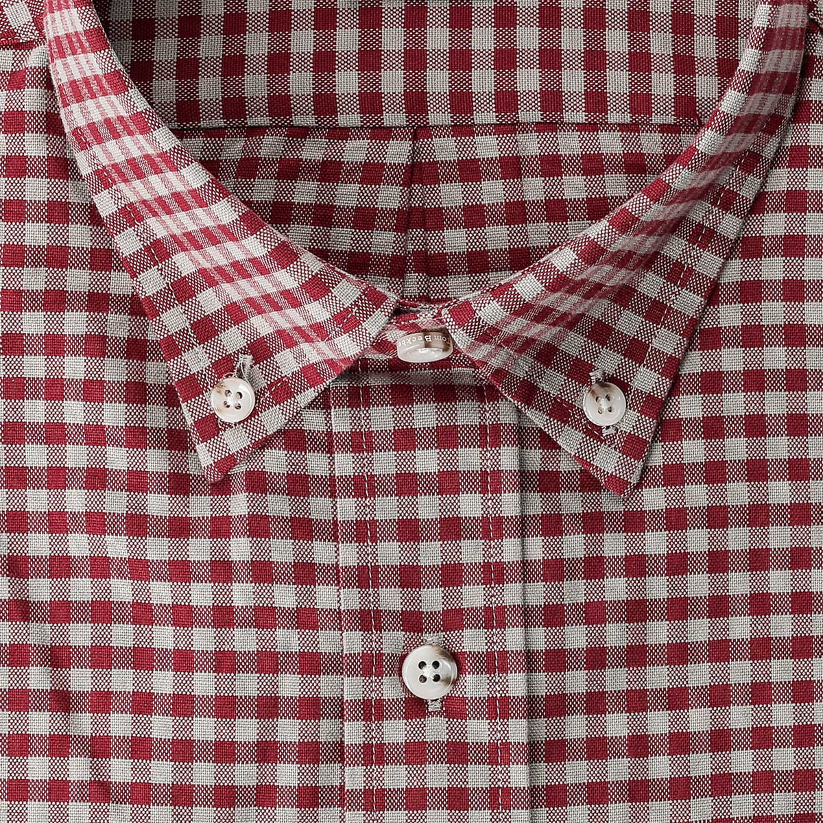Close-up of the Tom Beckbe Culver Oxford Shirt in breathable red and white check fabric with white buttons.