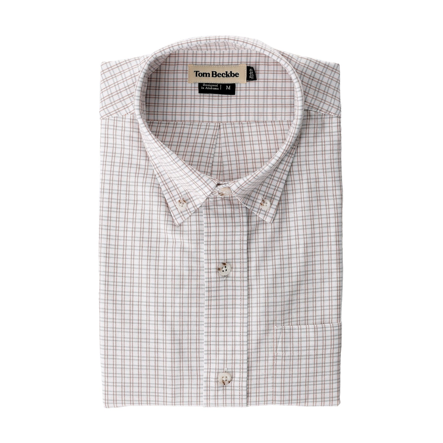 Tom Beckbe Culver Oxford Shirt, plaid cotton with front pocket, shown folded on a white background.
