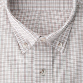 Tom Beckbe Culver Oxford Shirt: breathable fabric, brown/gray grid, button-down collar, white buttons, close up.