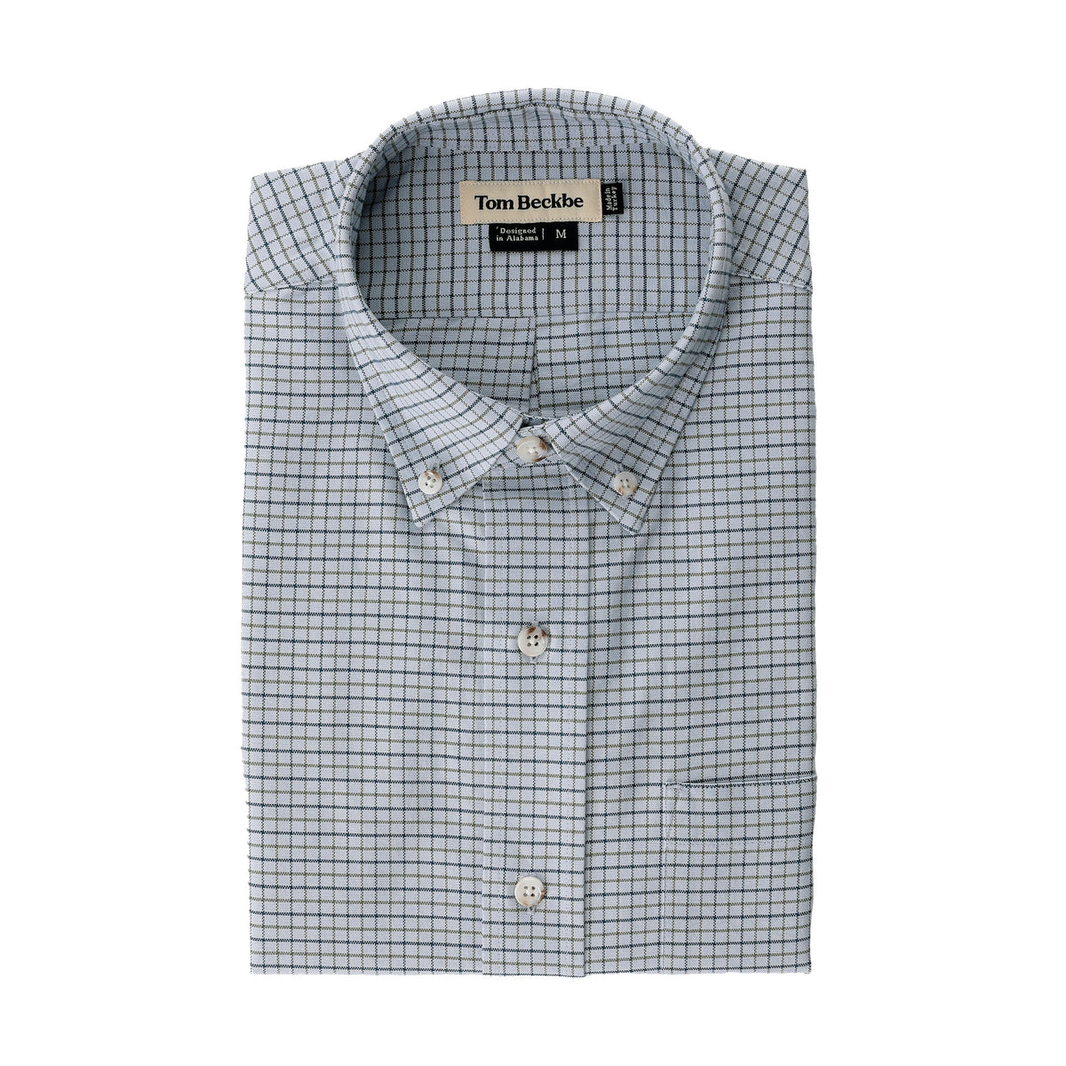 Folded light blue checked Culver Oxford Shirt with collar, buttons, and breathable fabric by Tom Beckbe.
