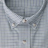 Close-up of Tom Beckbe’s Culver Oxford Shirt in light blue and white checks, made from breathable oxford fabric.