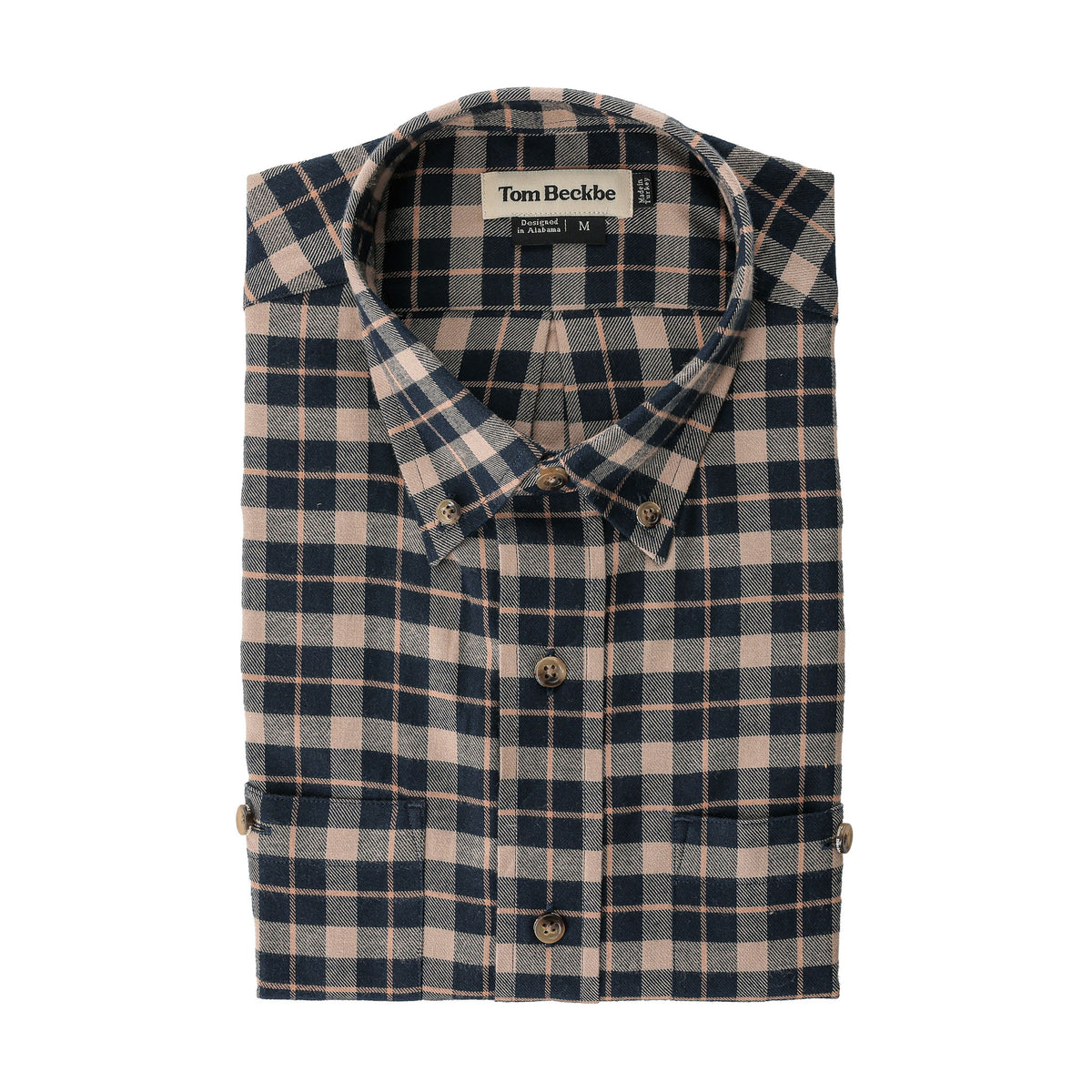 A folded, long-sleeve Dixon Brushed Cotton Twill Shirt in navy/beige plaid by Tom Beckbe, size medium.