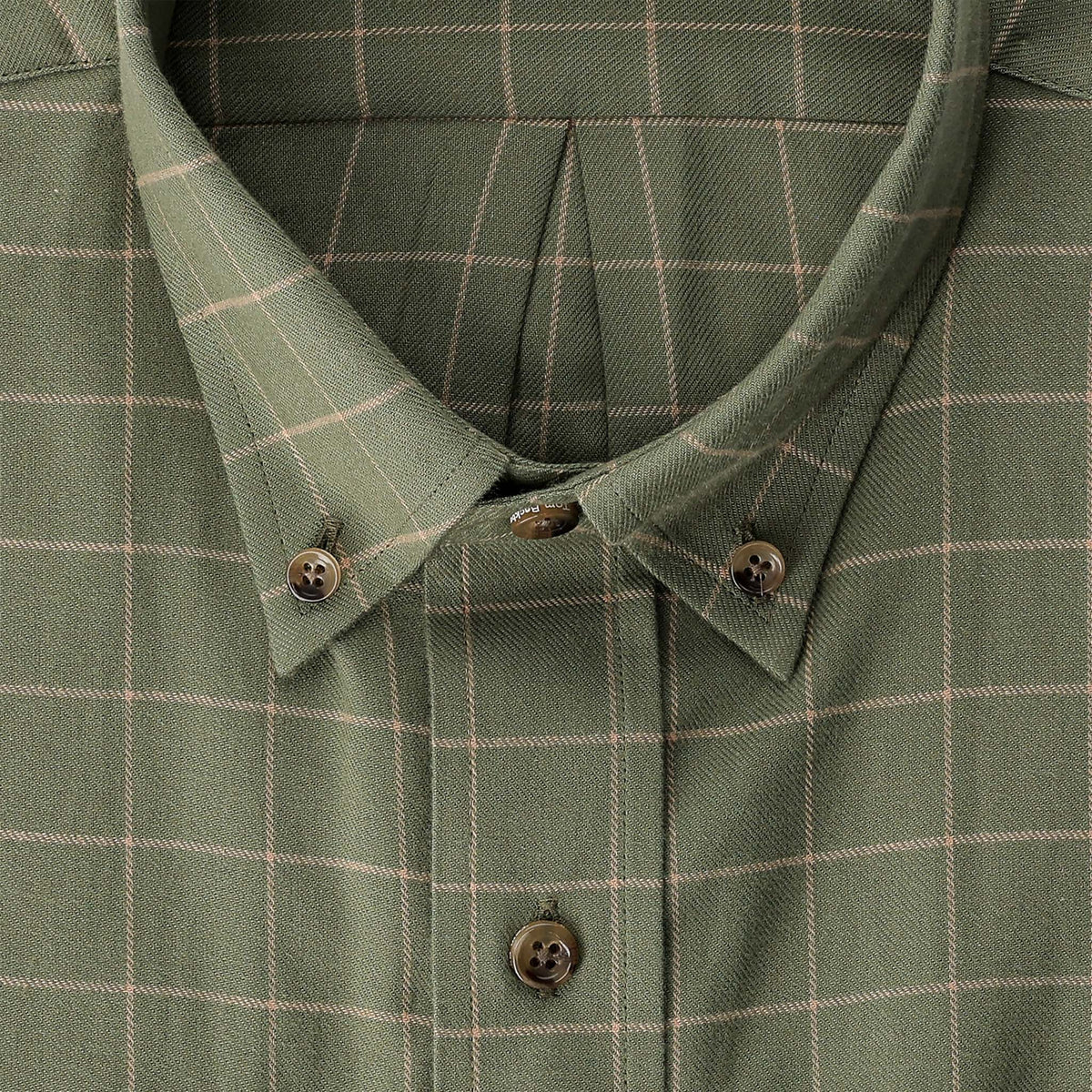 Tom Beckbe Dixon Brushed Cotton Twill Shirt in beige plaid, ultrasoft and stylish; shown collar to upper chest.