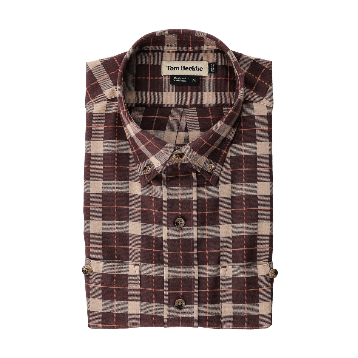 Dixon Brushed Cotton Twill Shirt by Tom Beckbe in brown, beige, and red tones; medium-weight.