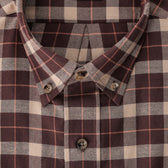Close-up of Tom Beckbe’s Dixon Brushed Cotton Twill Shirt in brown and beige plaid with a pointed collar.