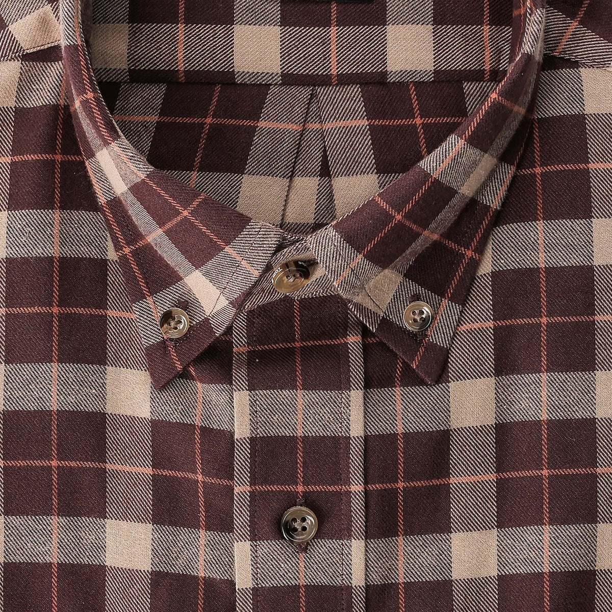 Close-up of Tom Beckbe’s Dixon Brushed Cotton Twill Shirt in brown and beige plaid with a pointed collar.