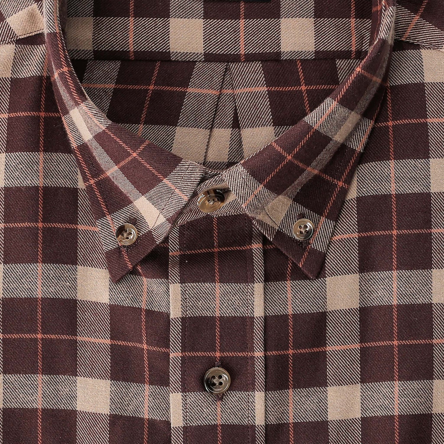 Close-up of Tom Beckbe’s Dixon Brushed Cotton Twill Shirt in brown and beige plaid with a pointed collar.