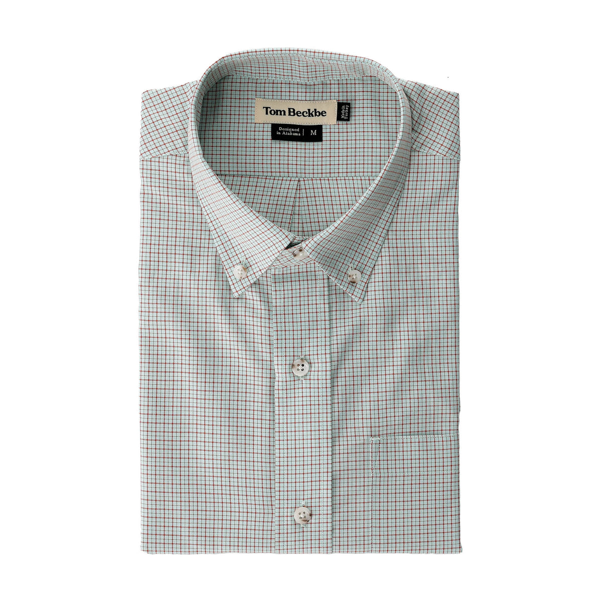 Folded Tom Beckbe Ensley Pinpoint Oxford men’s shirt in light small check pattern; made from cotton oxford.