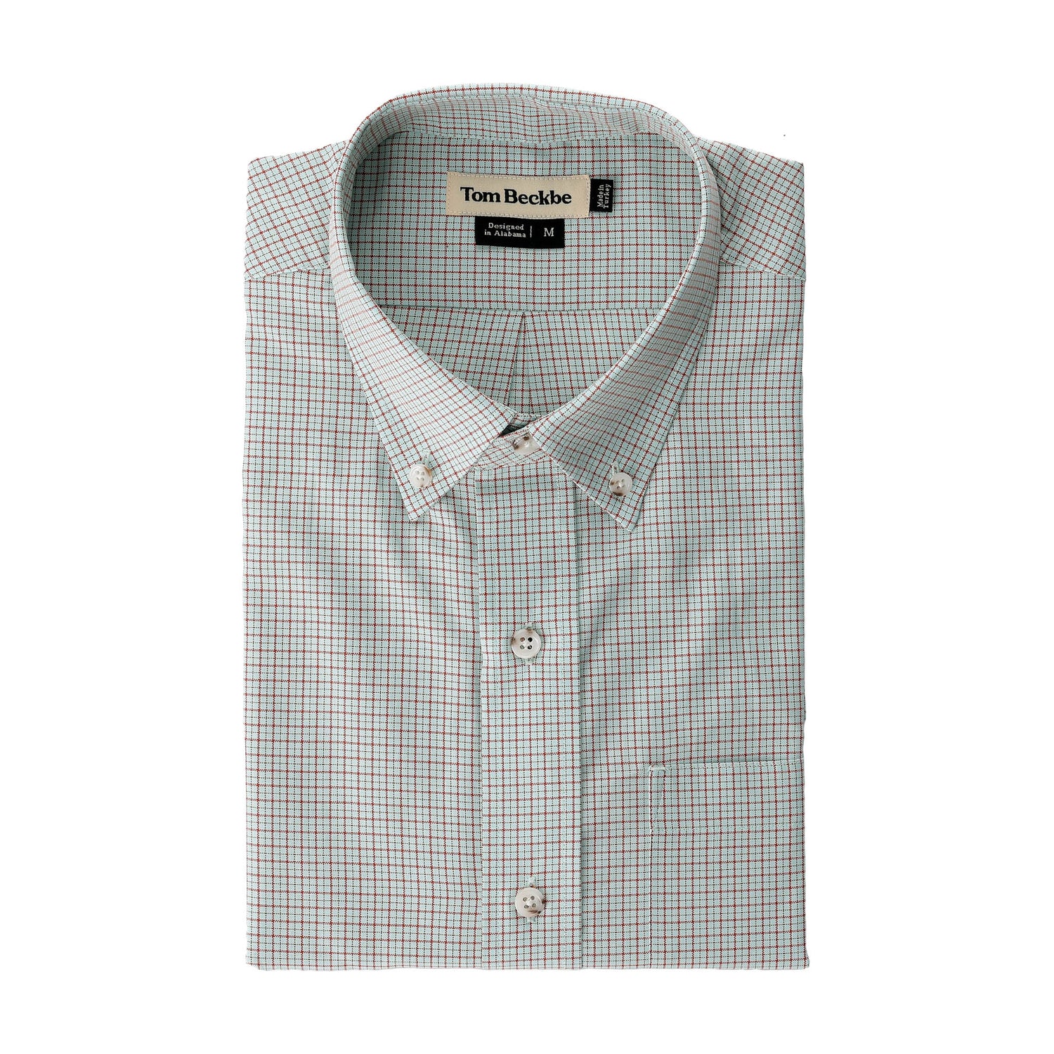 Folded Tom Beckbe Ensley Pinpoint Oxford men’s shirt in light small check pattern; made from cotton oxford.
