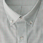 Close-up of the Tom Beckbe Ensley Pinpoint Oxford Shirt with a red and blue plaid on white cotton oxford.
