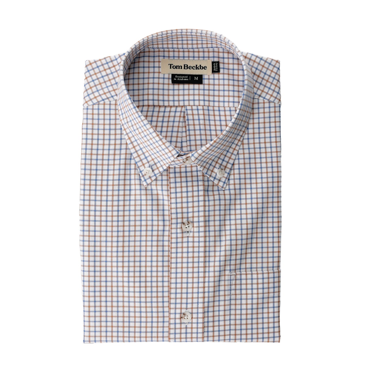Ensley Pinpoint Oxford Shirt by Tom Beckbe, medium, blue and orange check, men’s sport style.