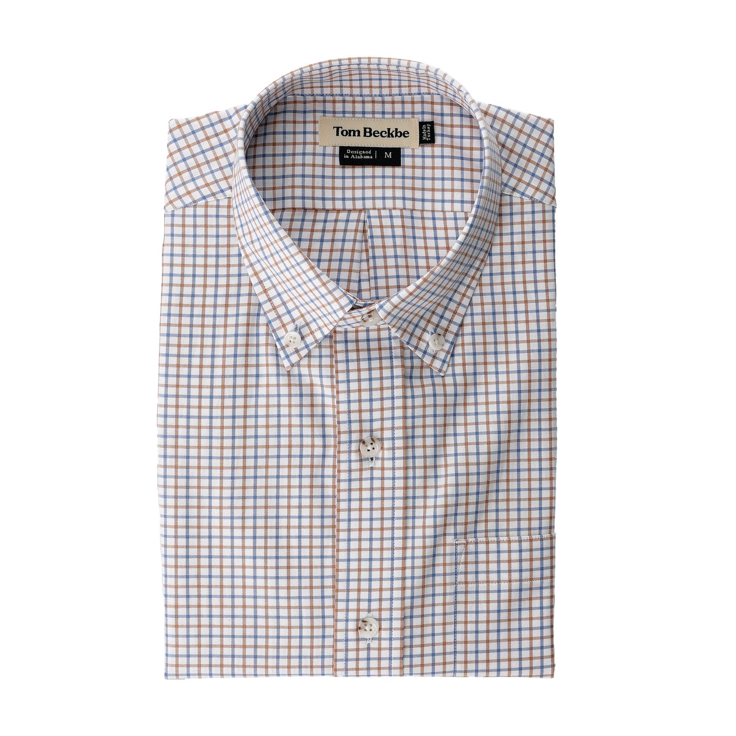 Ensley Pinpoint Oxford Shirt by Tom Beckbe, medium, blue and orange check, men’s sport style.